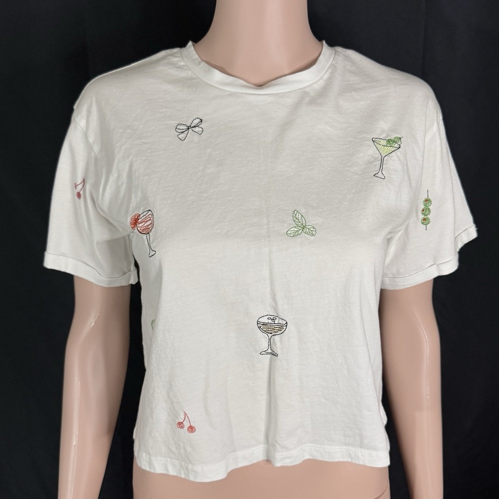 White Cropped T-Shirt All-Over Small, Colorful Embroidered Cocktail Motifs Sz S